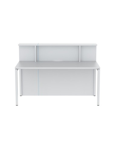 Comptoir d’accueil linéaire NOVA blanc avec bureau arrière intégré.