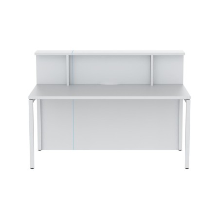 Comptoir d’accueil linéaire NOVA blanc avec bureau arrière intégré.