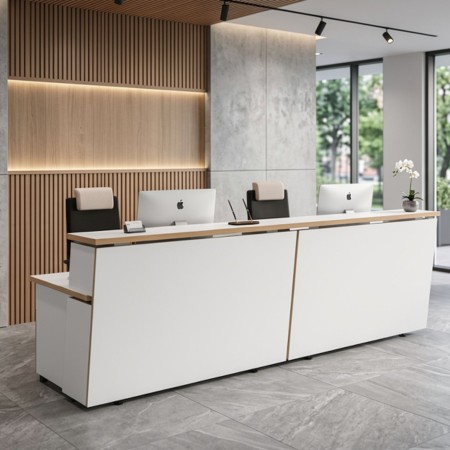 Banque d’accueil droite TERA blanche avec tablette haute et façade lisse. 2