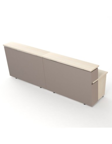 Banque d’accueil modulaire TERA vue de face avec unité supérieure et voile de fond.