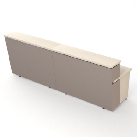 Banque d’accueil modulaire TERA vue de face avec unité supérieure et voile de fond.