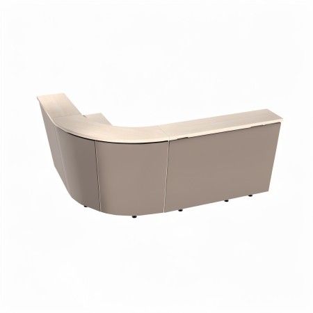 Banque d’accueil d’angle incurvée TERA beige avec tablette supérieure et plan de travail intégré.