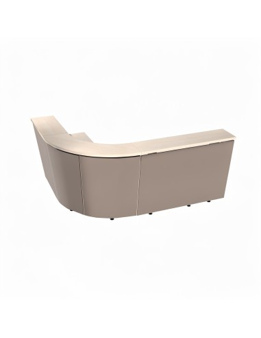 Banque d’accueil d’angle incurvée TERA beige avec tablette supérieure et plan de travail intégré.