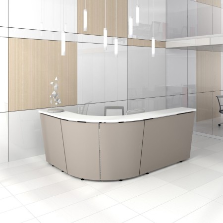 Banque d’accueil d’angle incurvée TERA beige avec tablette supérieure et plan de travail intégré. 2