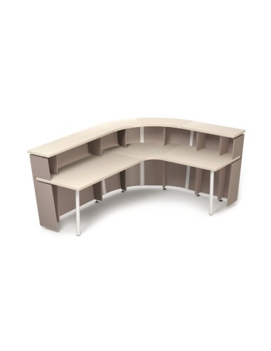 Comptoir d’accueil TERA en angle avec façade incurvée taupe et plateau clair rangements inclus.