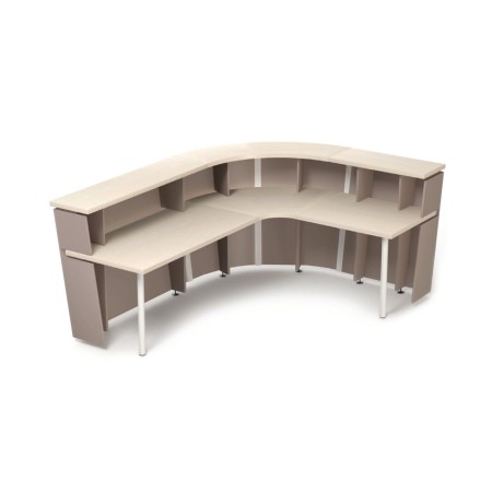 Comptoir d’accueil TERA en angle avec façade incurvée taupe et plateau clair rangements inclus.