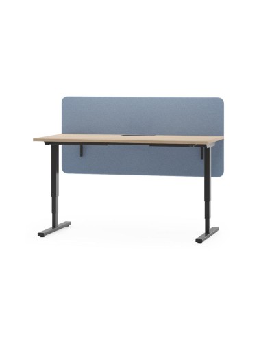 Écran acoustique EASY bleu clair pour bureau assis-debout avec plateau bois clair et piètement noir.