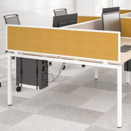 Panneau acoustique de côté pour bench double NOVA avec revêtement tissu jaune et structure métal blanche.