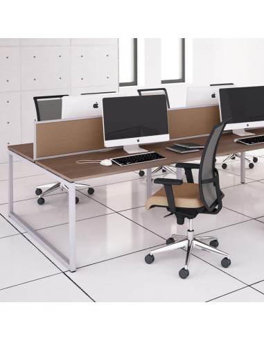 Écran de séparation central pour bench double NOVA avec revêtement tissu brun et cadre métal blanc.