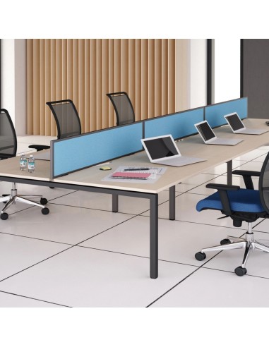 Écran acoustique central NOVA pour deux postes face à face avec cadre métal et panneau tapissé.