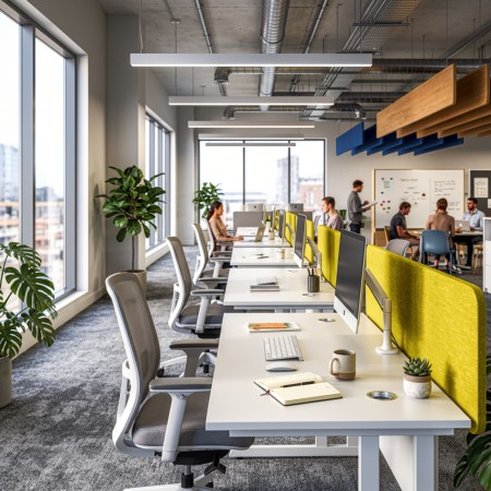 Écran de bureau OPTIMA en tissu installé sur un poste de travail en entreprise à Lausanne.
