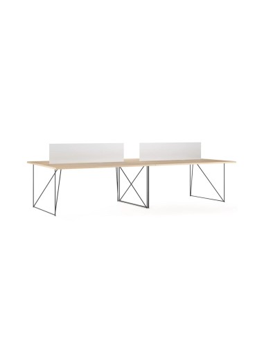Cloison en plexiglas pour bench AIR avec plateau chêne et piètement métal noir.