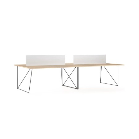 Cloison en plexiglas pour bench AIR avec plateau chêne et piètement métal noir.