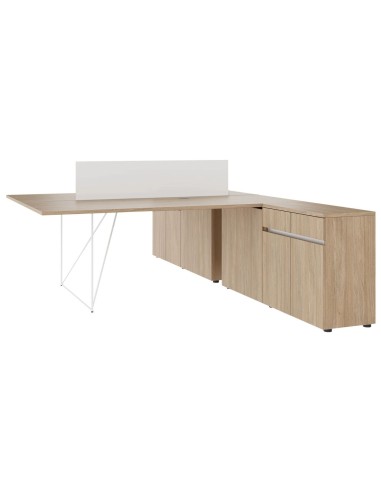 Bureau AIR double bench avec armoires, séparations en plexiglas et plan de travail élargi.