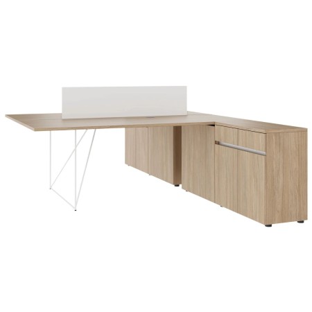 Bureau AIR double bench avec armoires, séparations en plexiglas et plan de travail élargi.