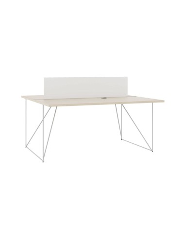 Bureau bench double AIR bois piètement filaire blanc et passe-câbles intégrés - séparations en plexiglas