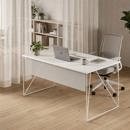 Bureau design AIR avec voile de fond dans un espace tertiaire à Genève.