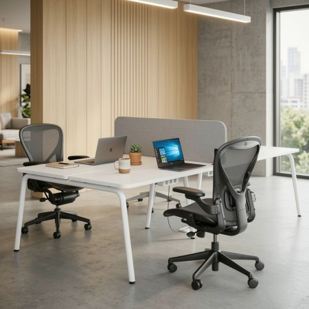 Écran acoustique mobile central ROUND PET gris pour bench double blanc. 2