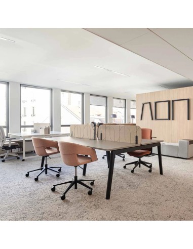 Écran acoustique central PET H365 pour bench double avec fixations clamp et motifs design dans un espace de travail à Viège.