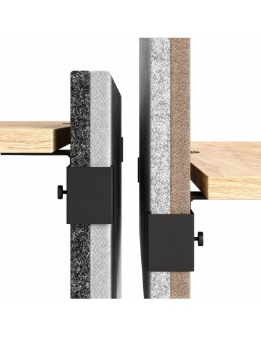 Fixation métallique pour cloison acoustique MODUS avec serrage sur bureau et panneau tissu épais.