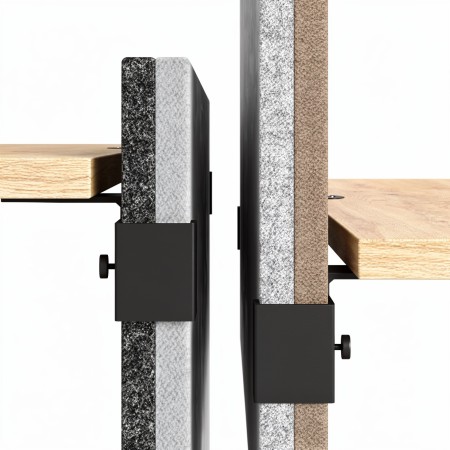 Fixation métallique pour cloison acoustique MODUS avec serrage sur bureau et panneau tissu épais.