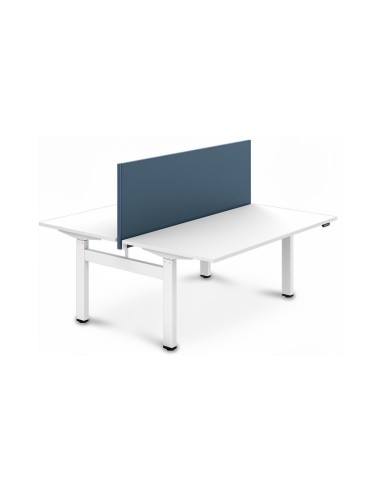 Cloison acoustique MODUS classe C pour bench MOTION avec fixation centrale et tissu bleu.
