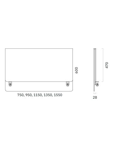 Schéma des dimensions de l’écran frontal ZEDO PET avec largeurs 750 à 1550 mm.