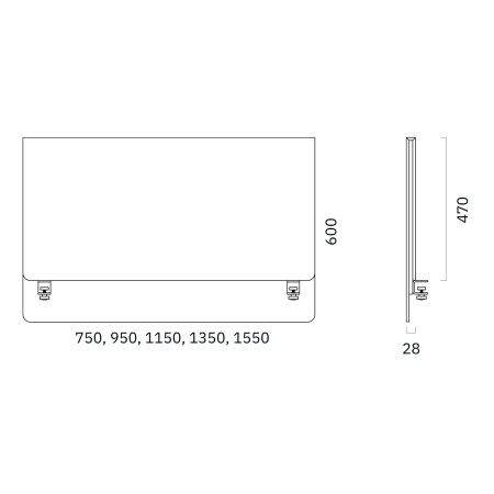 Schéma des dimensions de l’écran frontal ZEDO PET avec largeurs 750 à 1550 mm.