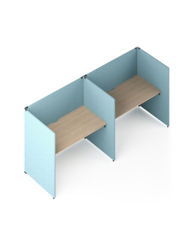 Bureau acoustique MY SPACE 2 postes côte à côte avec écrans en U et plateaux bois.