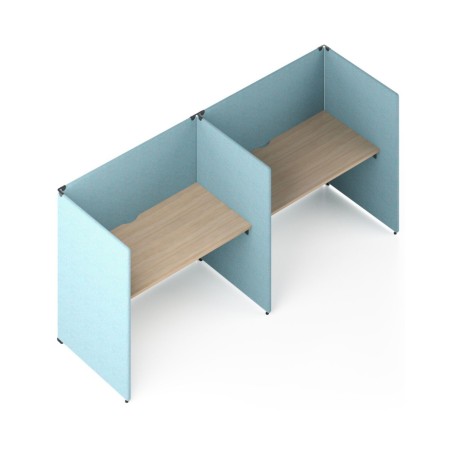 Bureau acoustique MY SPACE 2 postes côte à côte avec écrans en U et plateaux bois.