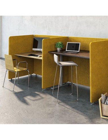 Open space à Neuchâtel avec un bureau à deux postes avec panneaux de réduction sonore.