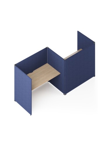 Bureau acoustique MY SPACE 2 postes alternés avec écrans en U bleus et plateaux bois.