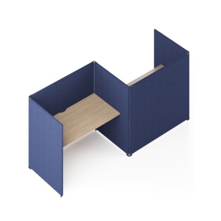 Bureau acoustique MY SPACE 2 postes alternés avec écrans en U bleus et plateaux bois.
