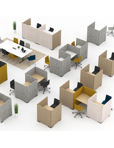 Bureaux acoustiques MY SPACE alternés installés dans un open space moderne à Renens.