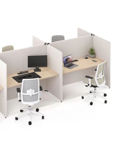 Bench acoustique 4 postes avec panneaux en tissu MY SPACE pour travail collaboratif.