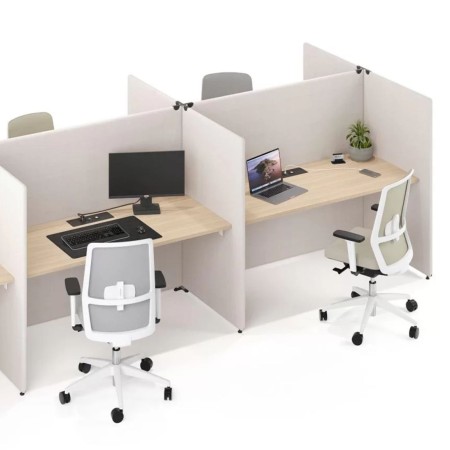 Bench acoustique 4 postes avec panneaux en tissu MY SPACE pour travail collaboratif.