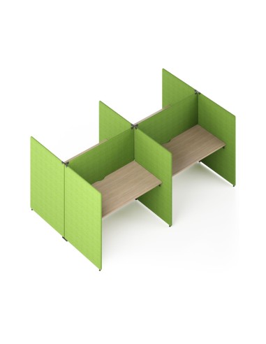Bureau acoustique MY SPACE 4 postes en H avec écrans verts et plateaux bois.