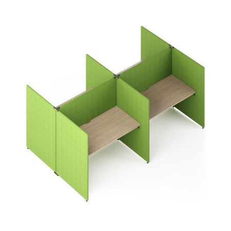 Bureau acoustique MY SPACE 4 postes en H avec écrans verts et plateaux bois.