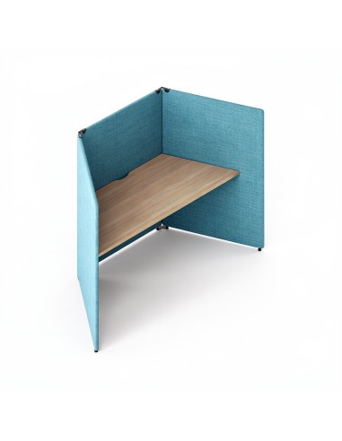Bureau acoustique individuel MY SPACE en V avec écrans bleus et plateau trapézoïdal bois.