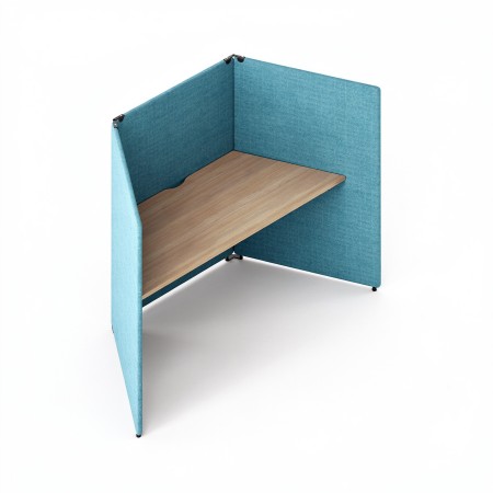 Bureau acoustique individuel MY SPACE en V avec écrans bleus et plateau trapézoïdal bois.