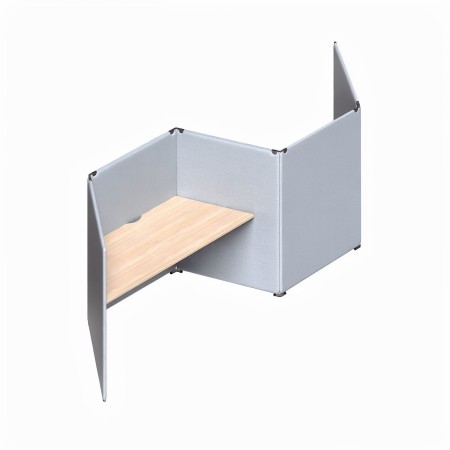 Bureau acoustique MY SPACE alterné avec deux postes en V et écrans gris clair.