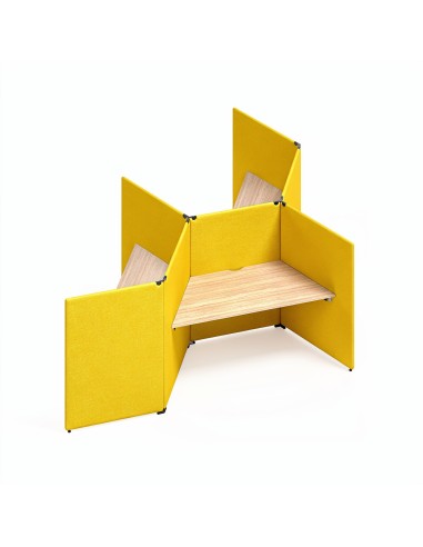 Bureau acoustique MY SPACE 3 postes en configuration nid d’abeille avec écrans acoustiques jaune