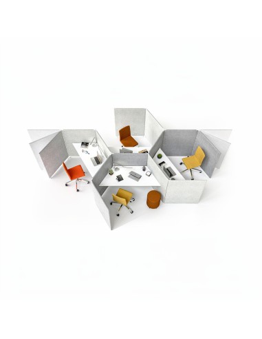 4 postes acoustiques MY SPACE en étoile avec panneaux en tissu gris.