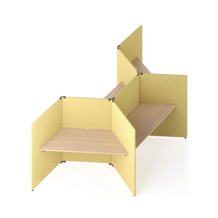 Bureau acoustique MY SPACE 4 postes en configuration étoile avec écrans acoustiques jaunes.