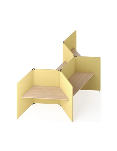 Bureau acoustique MY SPACE 4 postes en configuration étoile avec écrans acoustiques jaunes.