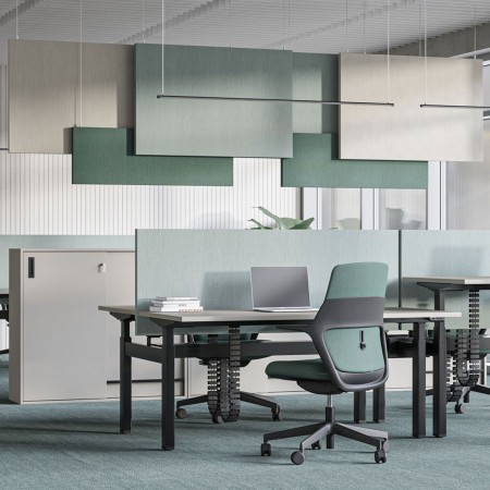 Double panneau acoustique suspendu MODUS double face en tissu pour plafond de bureau. 2