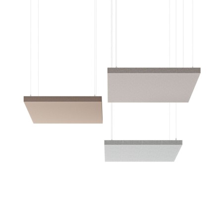Panneau acoustique MODUS suspendu horizontalement au plafond avec revêtement tissu.