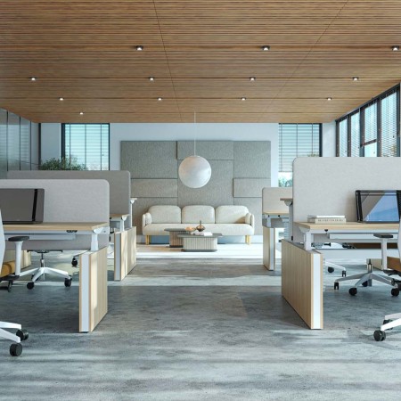 Panneaux décoratifs personnalisables acoustiques MODUS dans un espace de coworking à Fribourg.