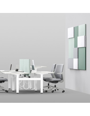 Panneau acoustique mural personnalisable MODUS en bleu installé dans un bureau partagé.