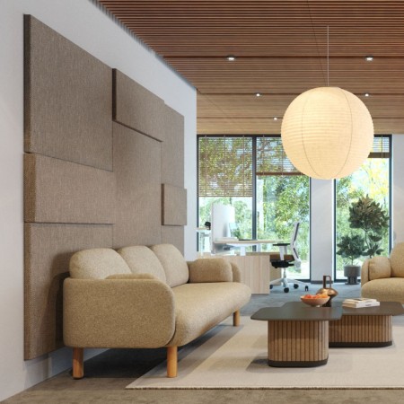 Panneaux acoustiques muraux MODUS installés dans un espace lounge professionnel pour améliorer l'acoustique.
